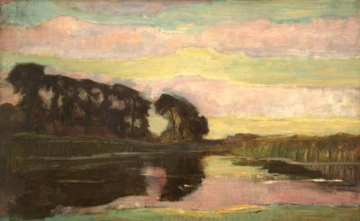 River Landscape with Pink and Yellow-Green Sky by Piet Mondrian